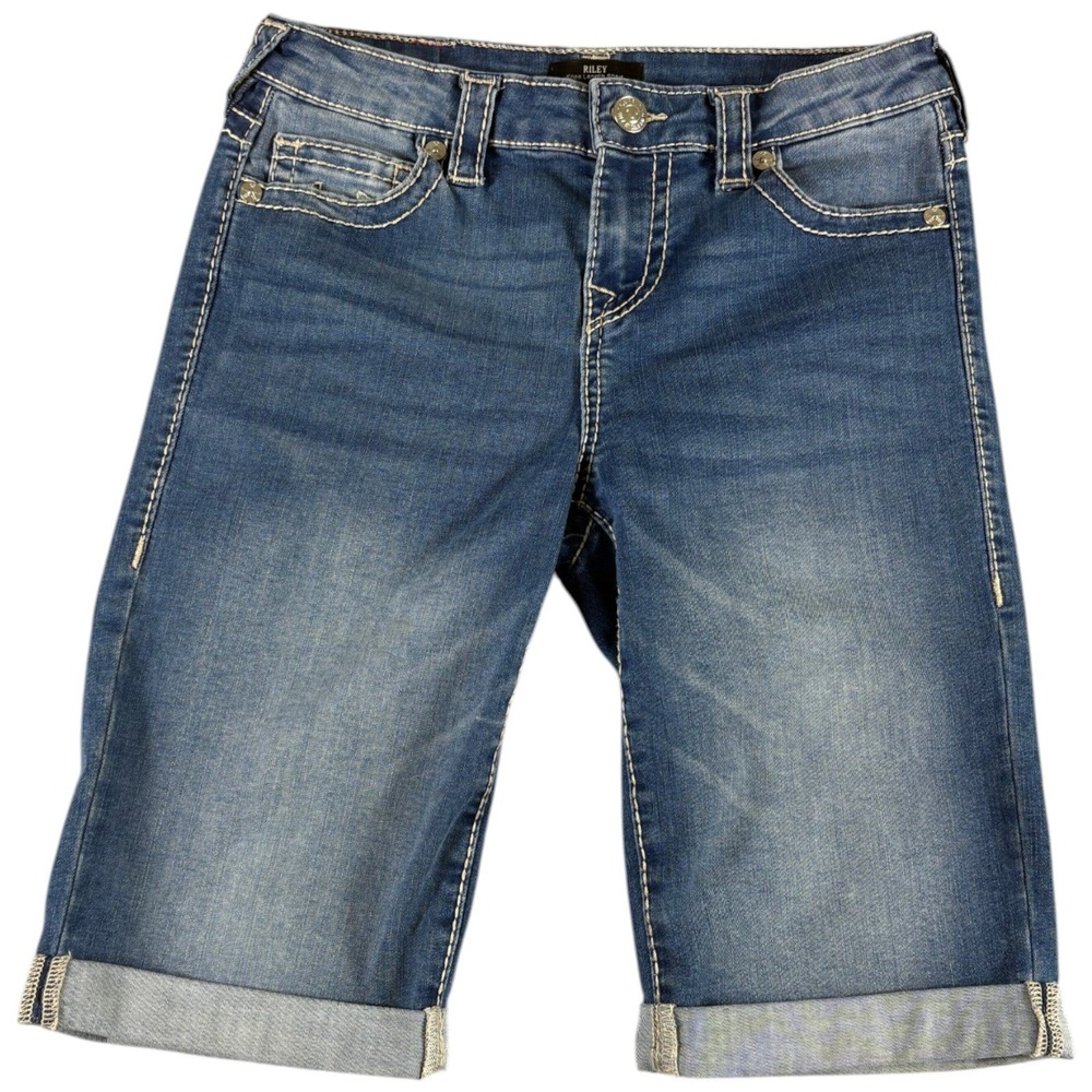 True Religion Riley Knee‎ Length Shorts Womens 28 Blue Denim Washed Cuffed Hem